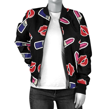 Lipstick Pattern Print Design LT01 Women Bomber Jacket