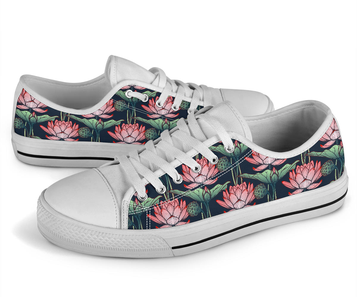Water Lily Pattern Print Design WL03 White Bottom Low Top Shoes