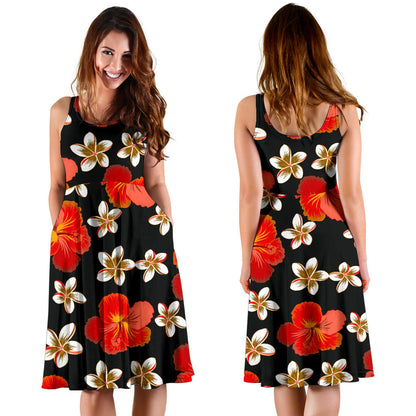 Red Hibiscus Pattern Print Design HB022 Midi Dress