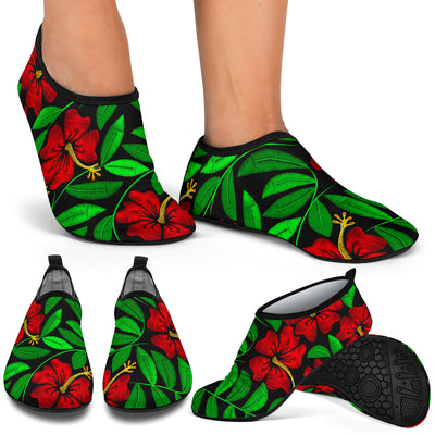 Red Hibiscus Embroidered Pattern Print Design HB032 Aqua Water Shoes