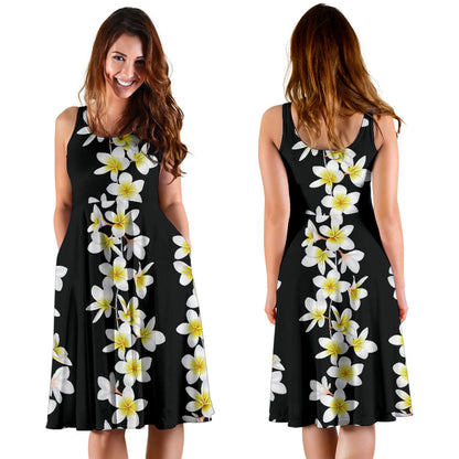 White Plumeria Pattern Print Design PM08 Midi Dress