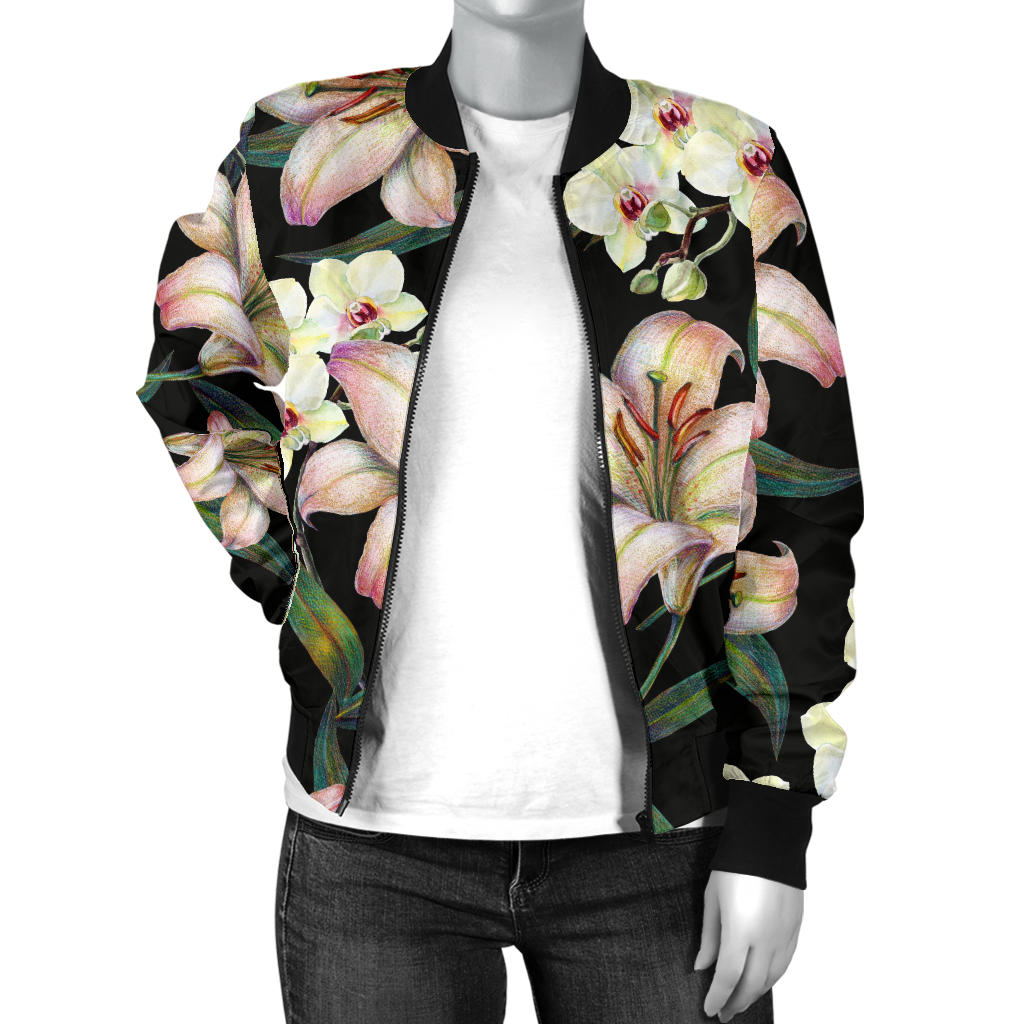 Lily Pattern Print Design LY03 Women Bomber Jacket