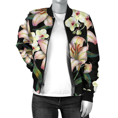 Lily Pattern Print Design LY03 Women Bomber Jacket