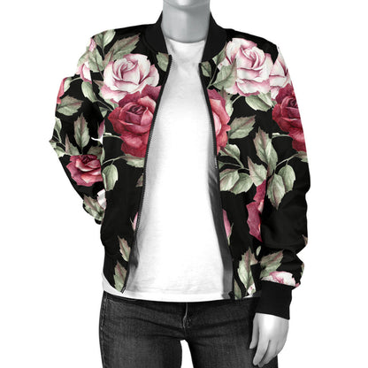 Rose Red Pink Pattern Print Design RO03 Women Bomber Jacket