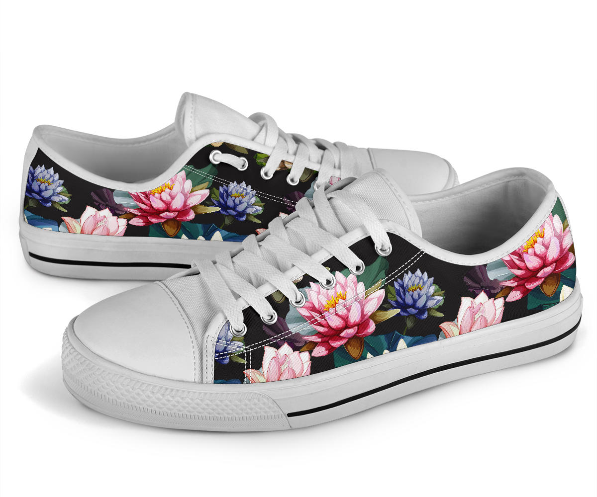 Water Lily Pattern Print Design WL02 White Bottom Low Top Shoes