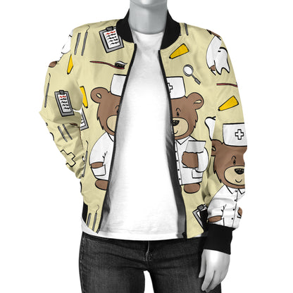 Nurse Bear Pattern Print Design A02 Women's Bomber Jacket