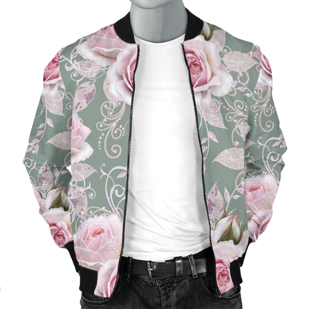 Rose White Pattern Print Design RO012 Men Bomber Jacket