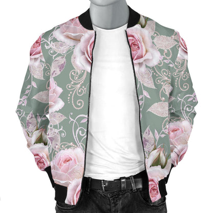 Rose White Pattern Print Design RO012 Men Bomber Jacket