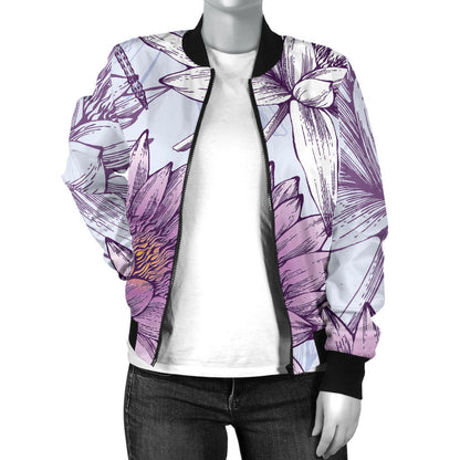 Water Lily Pattern Print Design WL01 Women Bomber Jacket