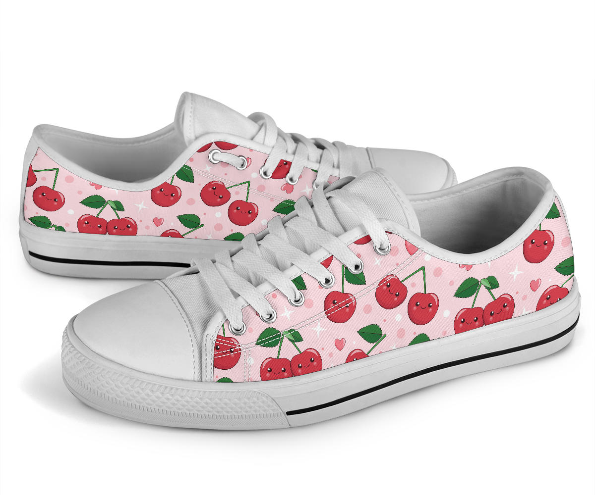 Cherry Pattern Print Design CH02 White Bottom Low Top Shoes