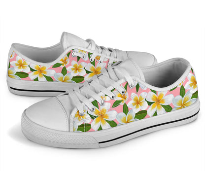 White Plumeria Pattern Print Design PM011 White Bottom Low Top Shoes
