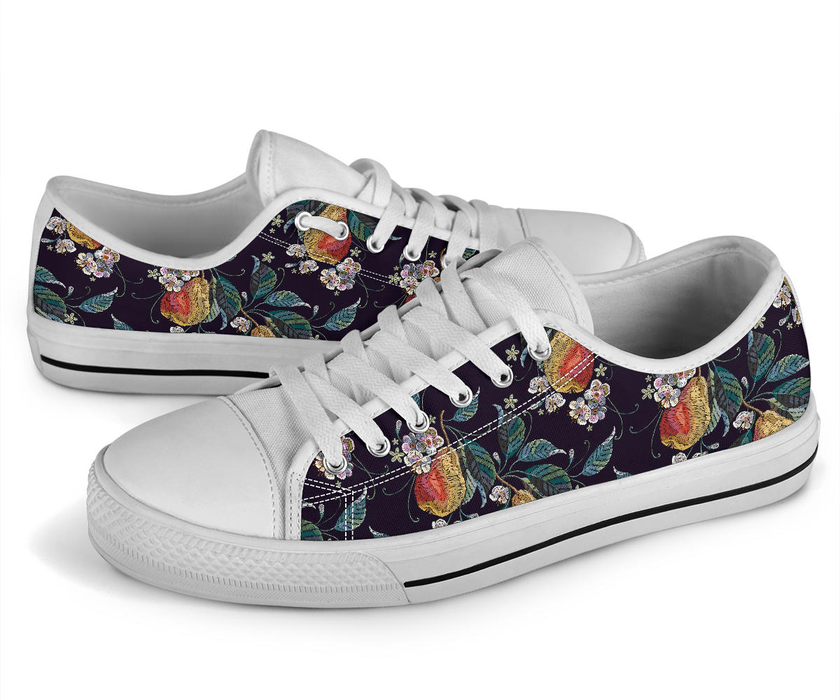 Pear Pattern Print Design PE02 White Bottom Low Top Shoes