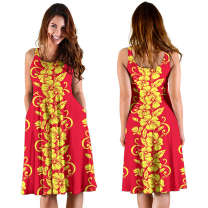 Orange Hibiscus Pattern Print Design HB018 Midi Dress