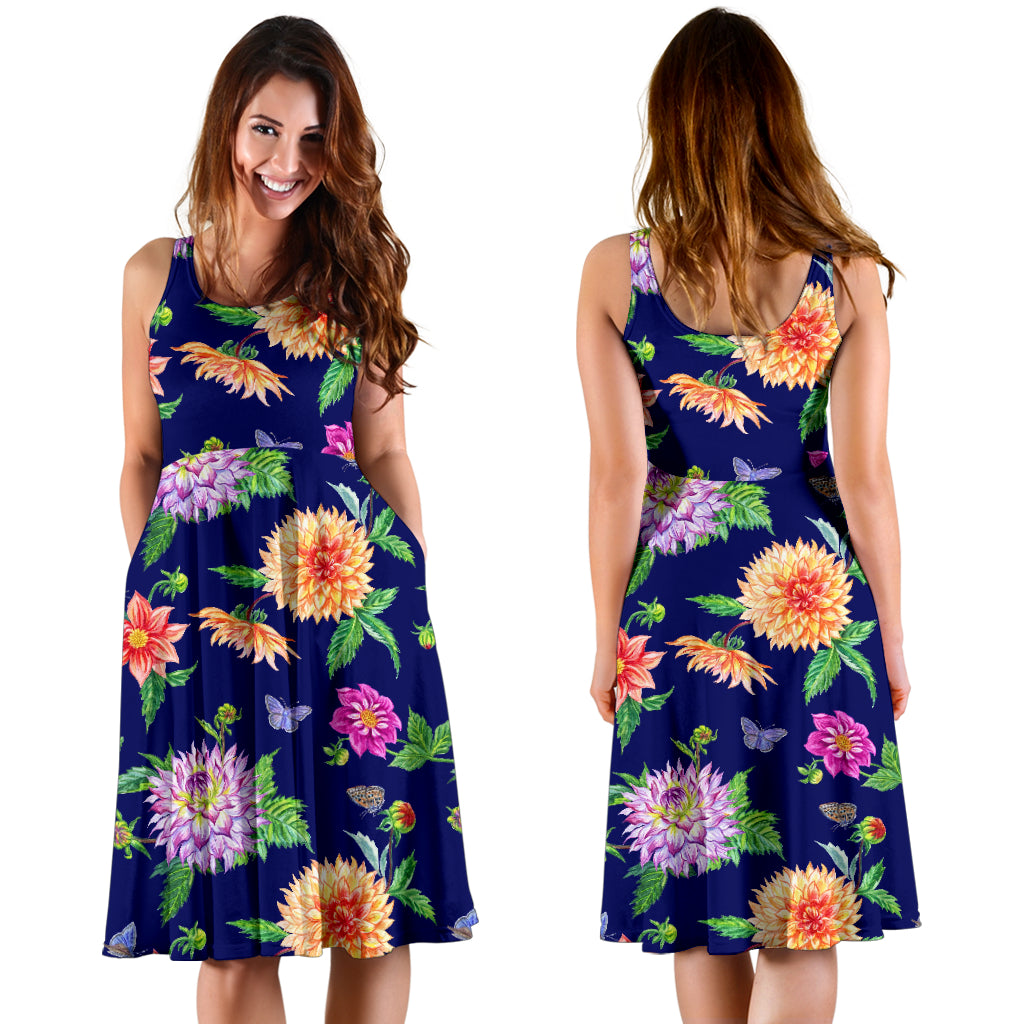 Dahlia Pattern Print Design DH010 Midi Dress