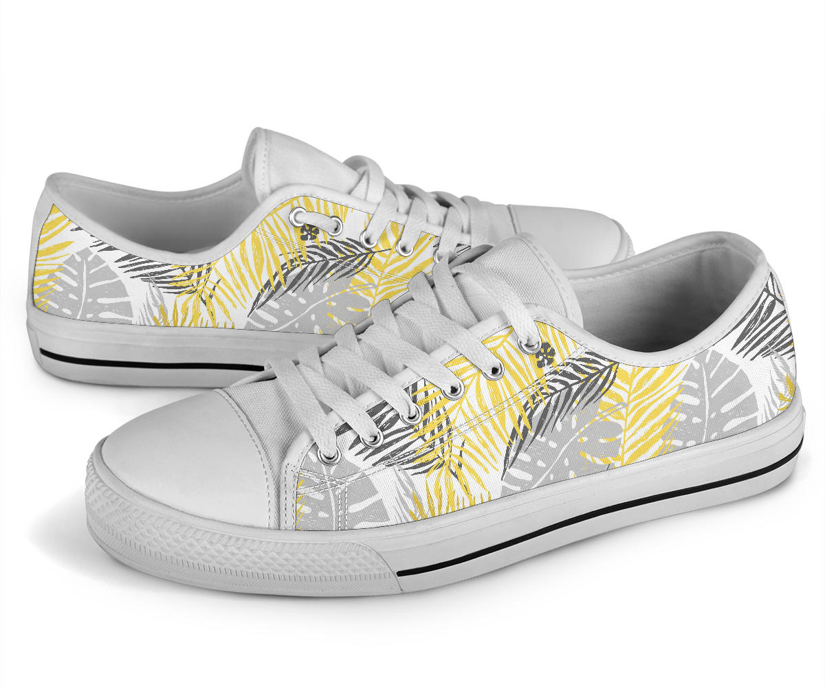Palm Leaves Pattern Print Design PL012 White Bottom Low Top Shoes