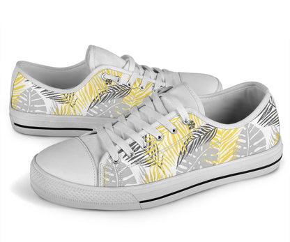 Palm Leaves Pattern Print Design PL012 White Bottom Low Top Shoes