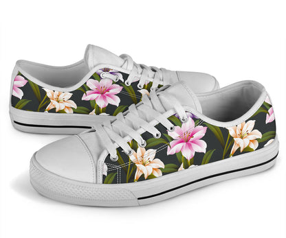 Lily Pattern Print Design LY01 White Bottom Low Top Shoes