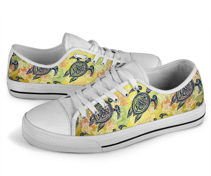 Hawaiian Turtle Tribal Design Print White Bottom Low Top Shoes