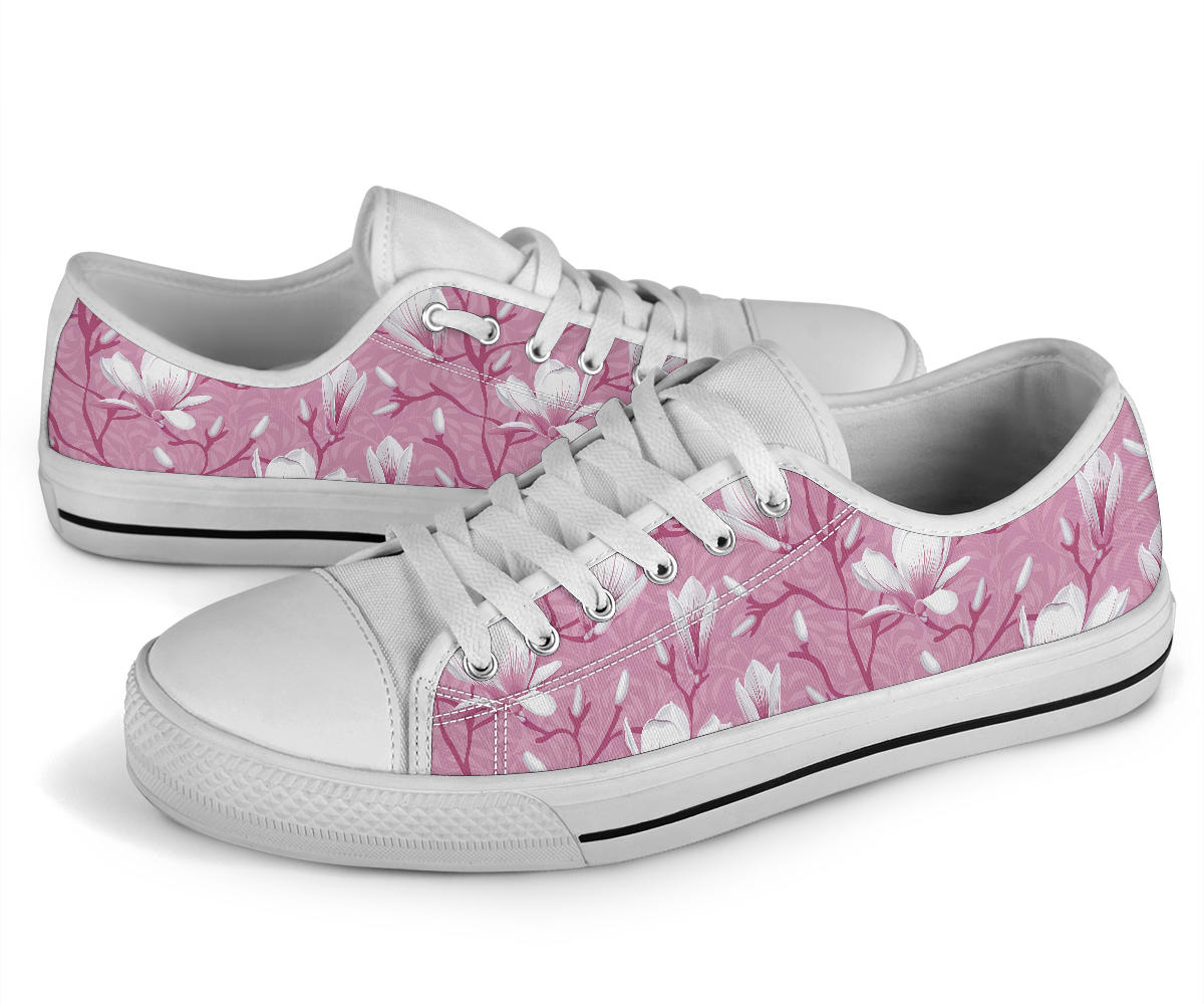 Magnolia Pattern Print Design MAG05 White Bottom Low Top Shoes