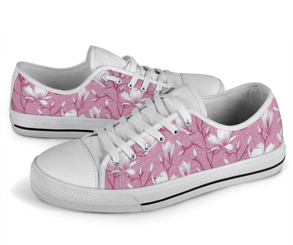 Magnolia Pattern Print Design MAG05 White Bottom Low Top Shoes