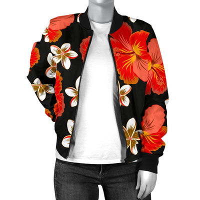 Red Hibiscus Pattern Print Design HB022 Women Bomber Jacket