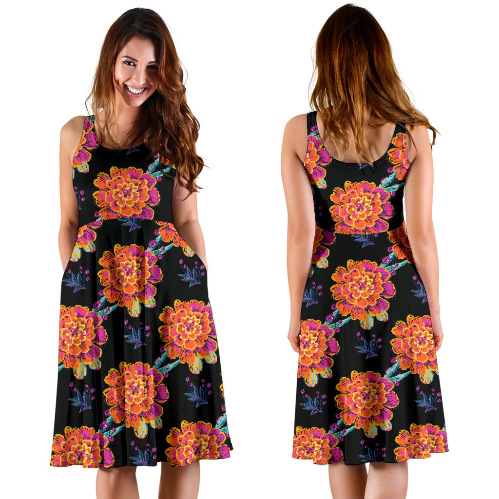 Marigold Pattern Print Design MR04 Midi Dress