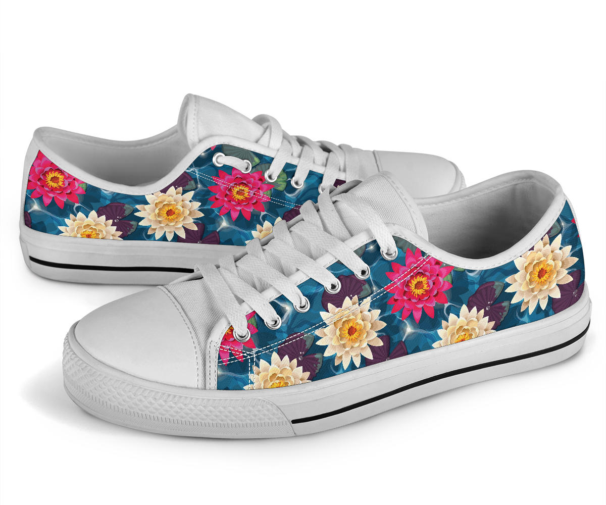 Water Lily Pattern Print Design WL05 White Bottom Low Top Shoes