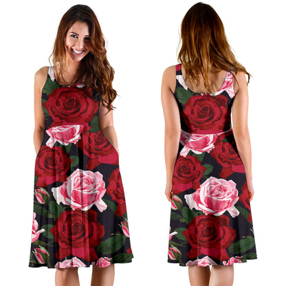Rose Red Pink Pattern Print Design RO01 Midi Dress