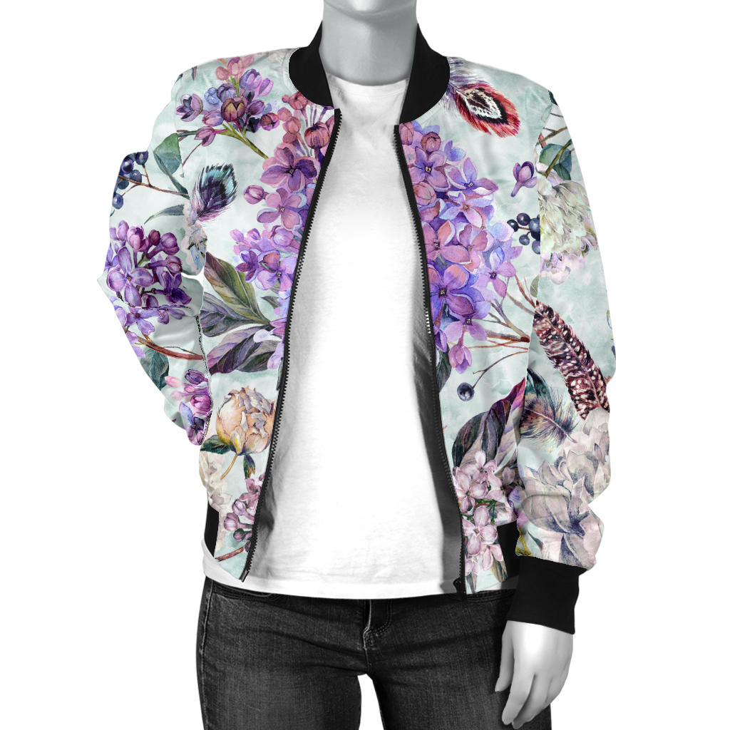 Lilac Pattern Print Design LI06 Women Bomber Jacket