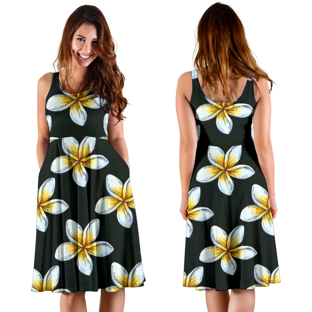 White Plumeria Pattern Print Design PM022 Midi Dress