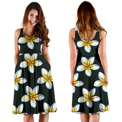 White Plumeria Pattern Print Design PM022 Midi Dress