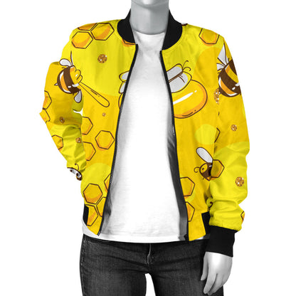 Bee Pattern Print Design BEE01 Women Bomber Jacket