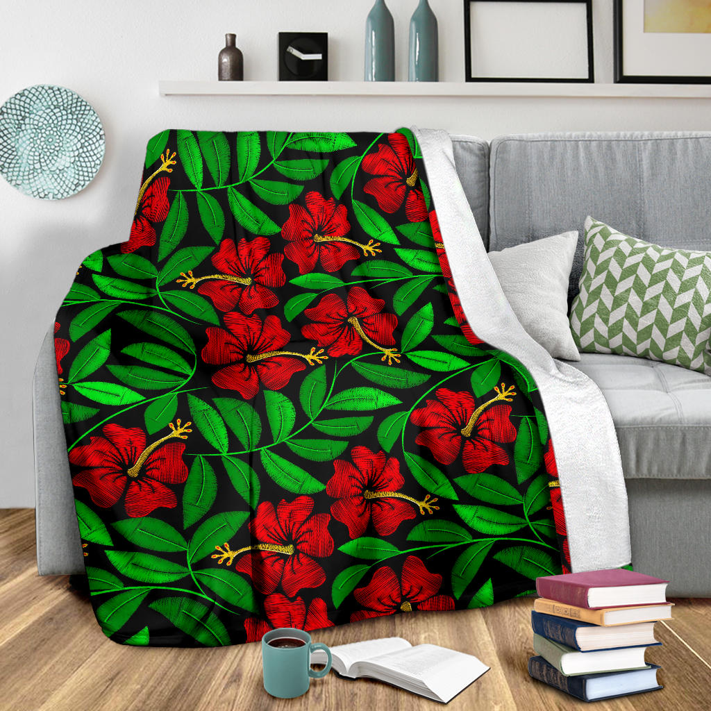 Red Hibiscus Embroidered Pattern Print Design HB032 Fleece Blanket