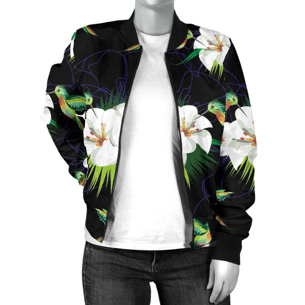 Hummingbird with Flower Pattern Print Design 03 Women's Bomber Jacket