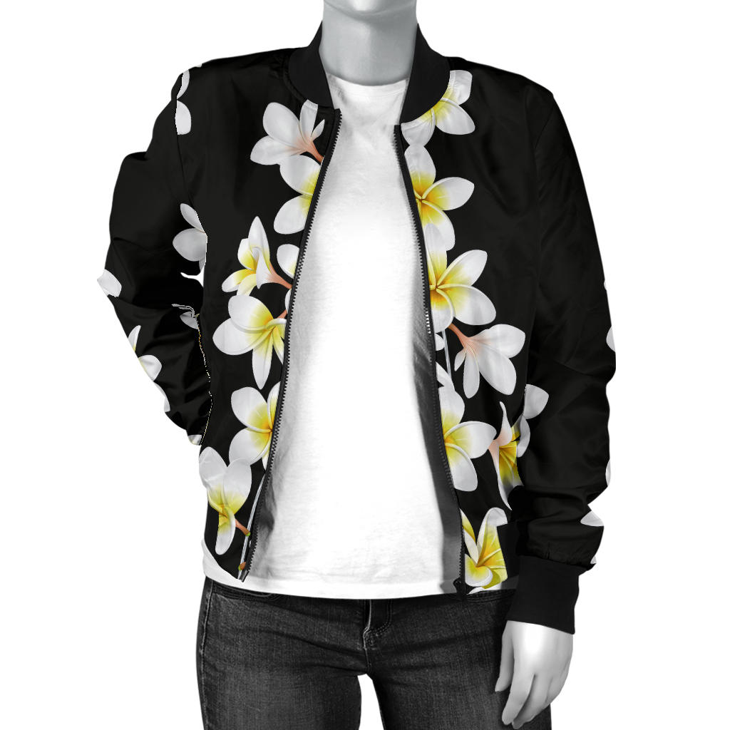 White Plumeria Pattern Print Design PM08 Women Bomber Jacket