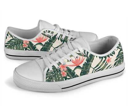 Tropical Flower Palm Leaves White Bottom Low Top Shoes