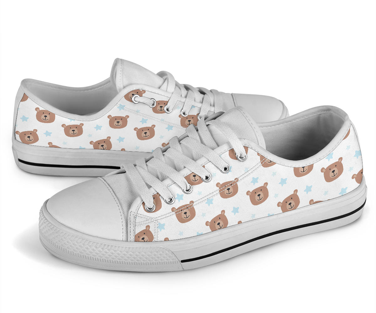 Bear Pattern Print Design BE02 White Bottom Low Top Shoes