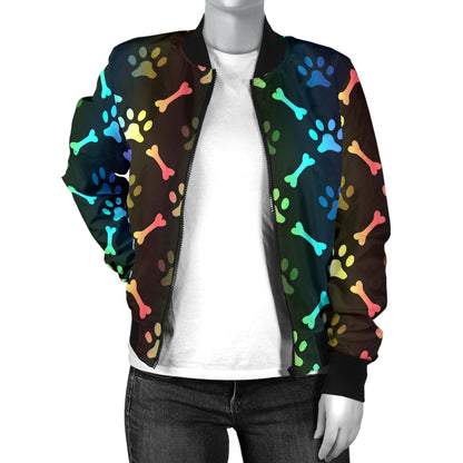 Paw Rainbow Pattern Print Design A01 Women's Bomber Jacket