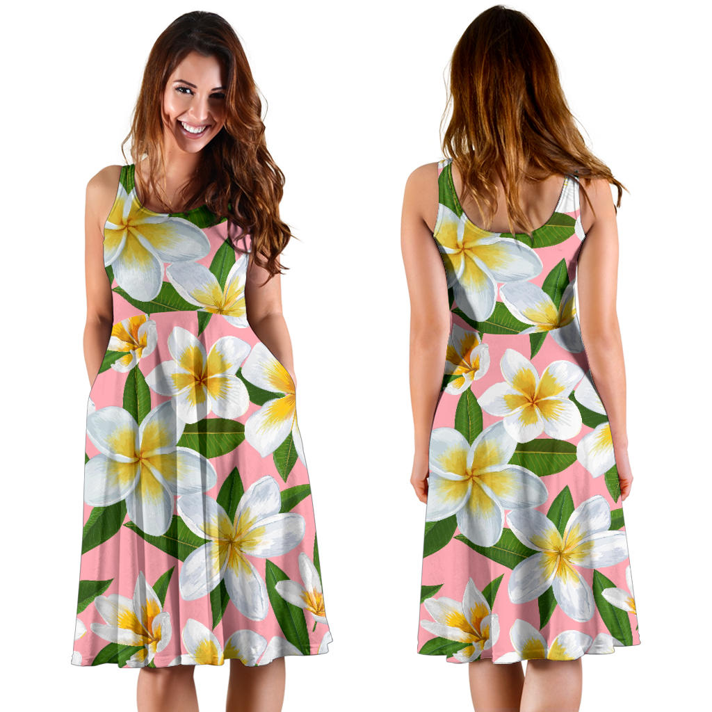 White Plumeria Pattern Print Design PM011 Midi Dress