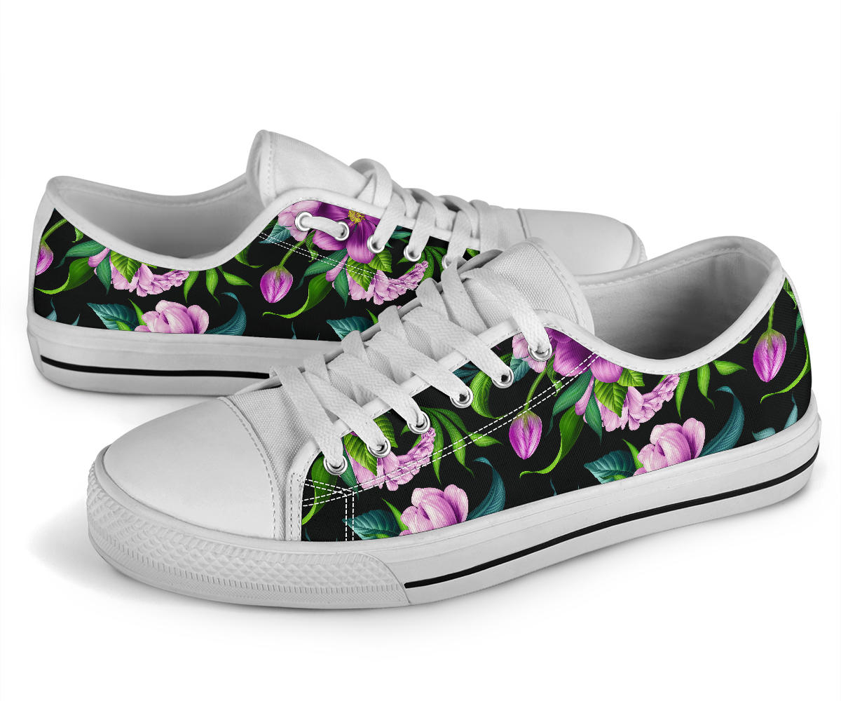 Bright Purple Floral Pattern White Bottom Low Top Shoes