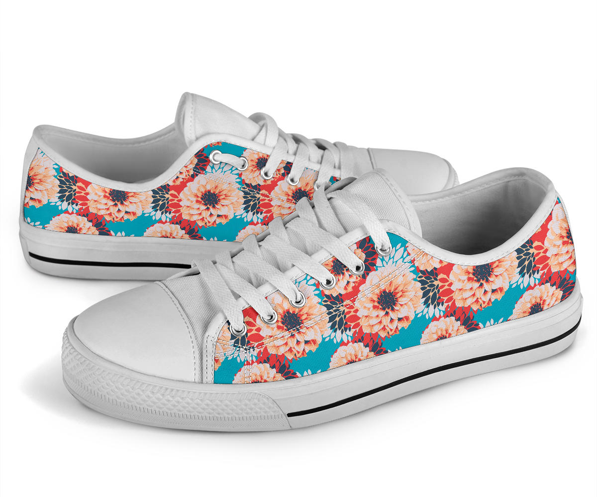 Dahlia Pattern Print Design DH05 White Bottom Low Top Shoes