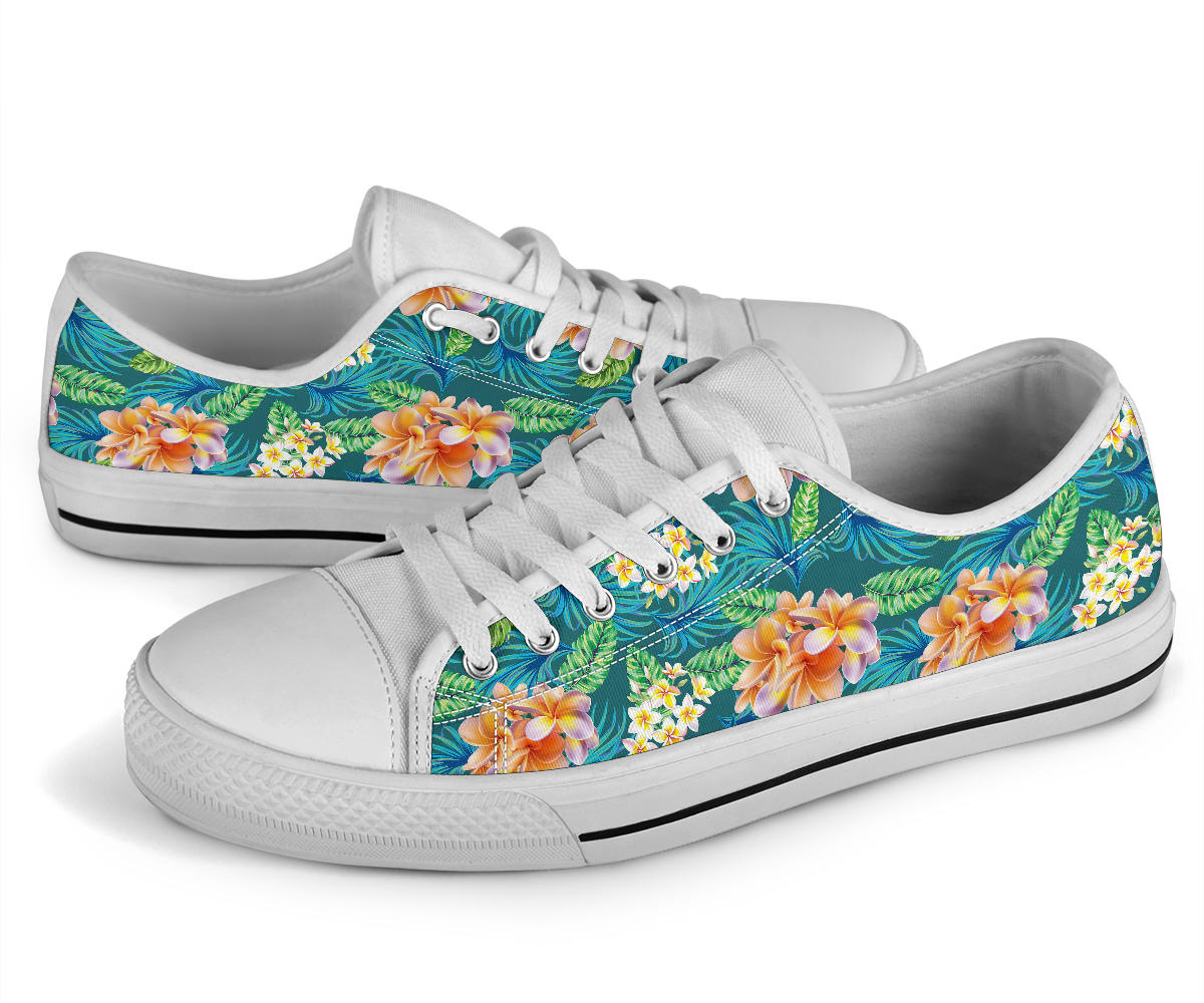 Plumeria Tropical Flower Design Print White Bottom Low Top Shoes
