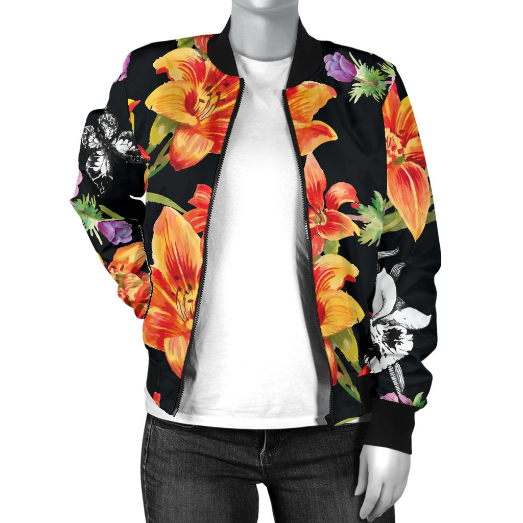 Tropical Flower Pattern Print Design TF02 Women Bomber Jacket