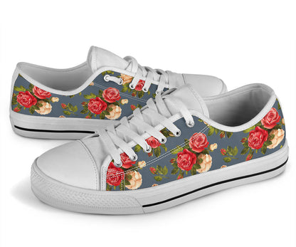 Rose Pattern Print Design RO017 White Bottom Low Top Shoes