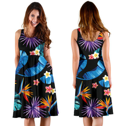 Tropical Flower Pattern Print Design TF018 Midi Dress