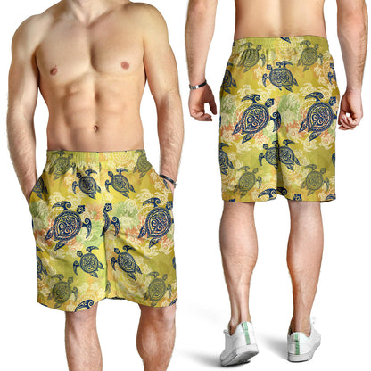 Hawaiian Turtle Tribal Design Print Mens Shorts