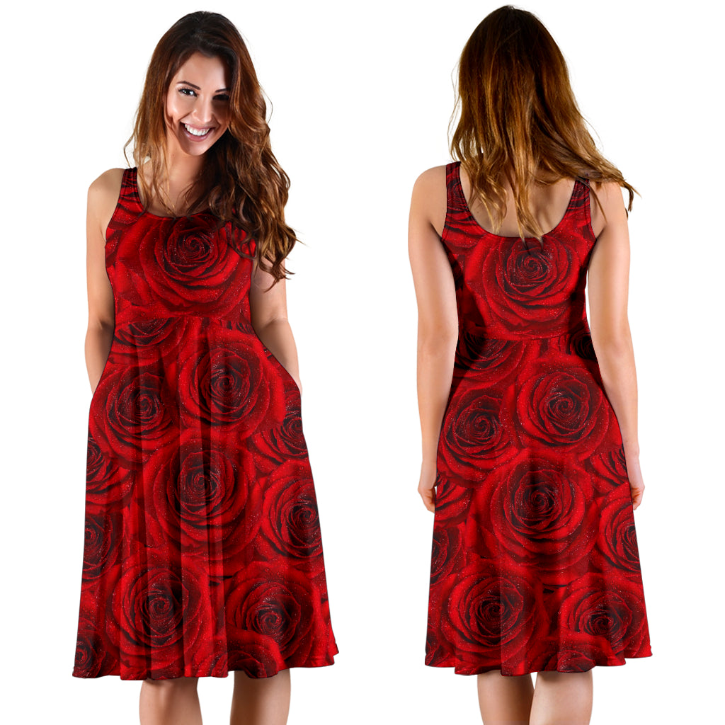 Rose Red Pattern Print Design RO04 Midi Dress