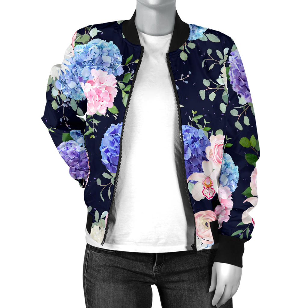 Hydrangea Pattern Print Design HD01 Women Bomber Jacket