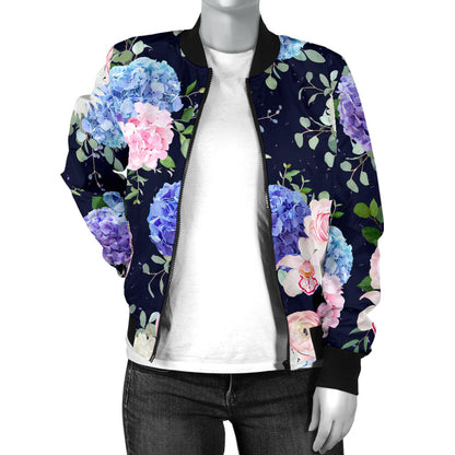 Hydrangea Pattern Print Design HD01 Women Bomber Jacket