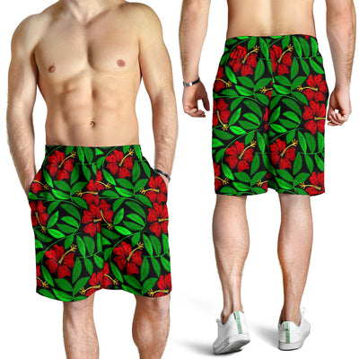 Red Hibiscus Embroidered Pattern Print Design HB032 Mens Shorts